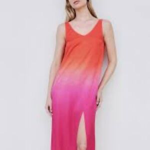 NWT SIZE XS Sundry Orange and Pink Slit Midi Dress V-Neck Sleeveless